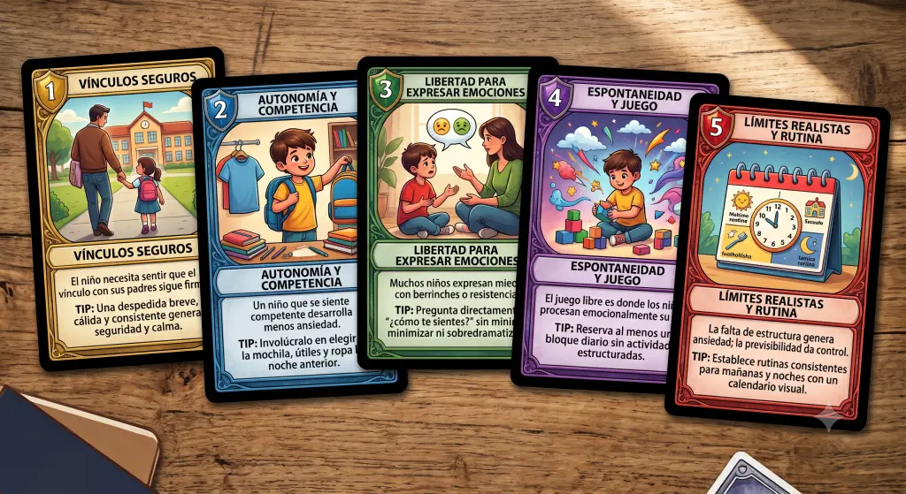Colección de cinco tarjetas ilustradas estilo juego de mesa sobre necesidades emocionales infantiles para el regreso a clases. Incluye temas como vínculos seguros, autonomía, validación emocional, juego libre y rutinas claras con sus respectivos consejos prácticos para padres.