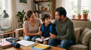 Unos padres apoyan emocionalmente a su hijo de unos 10 años en la sala de estar. El niño sostiene un cuaderno con su mochila puesta, mientras sus padres lo acompañan con expresiones de empatía para ayudarlo a gestionar el estrés del regreso a clases.